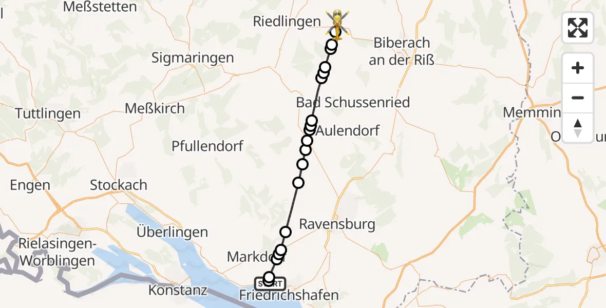 Flugroute Rettungshubschrauber Friedrichshafen Hospital - Uttenweiler, 02 September 2026, 14:30