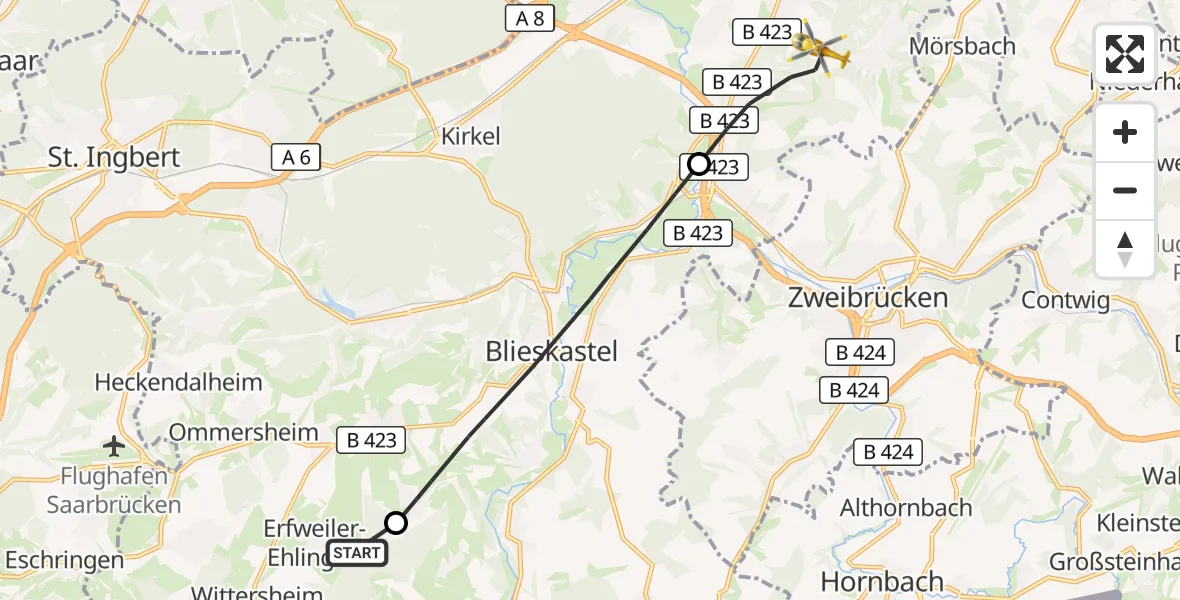 Flugroute Rettungshubschrauber Mandelbachtal - Homburg, 02 September 2026, 14:30