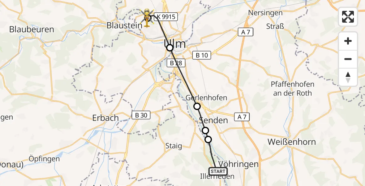 Flugroute Rettungshubschrauber Illerrieden - Ulm Military Hospital Emergency Hubschrauberlandeplatz, 02 September 2026, 14:36