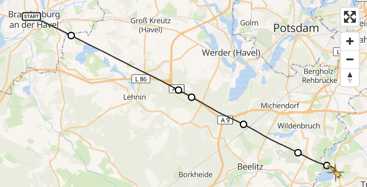 Flugroute Rettungshubschrauber Brandenburg an der Havel - Trebbin, 02 September 2026, 14:36