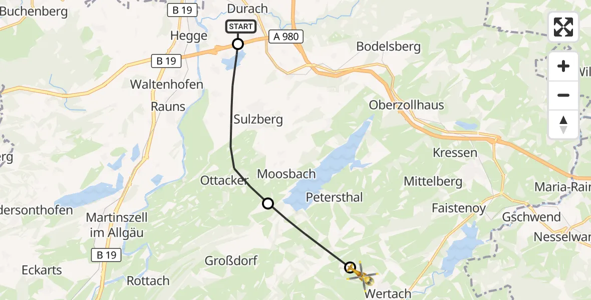 Flugroute Rettungshubschrauber Kempten-Durach Flugplatz - Wertach, 02 September 2026, 14:38