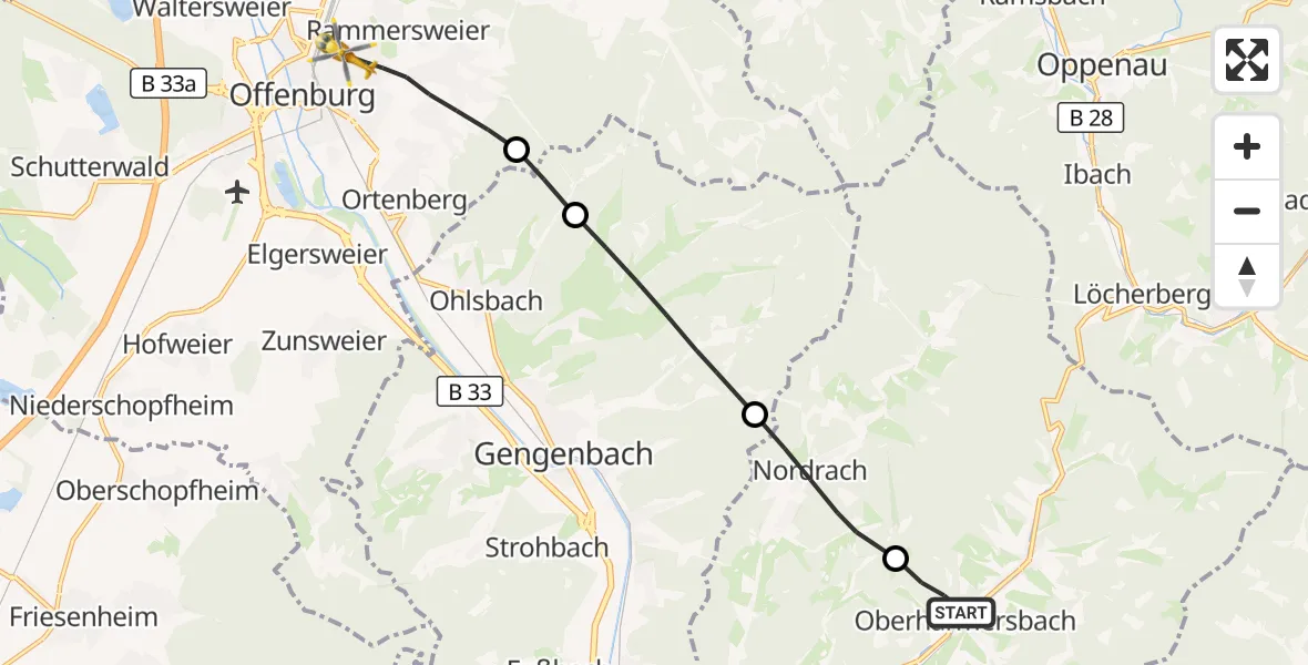 Flugroute Rettungshubschrauber Oberharmersbach - Offenburg, 02 September 2026, 14:50