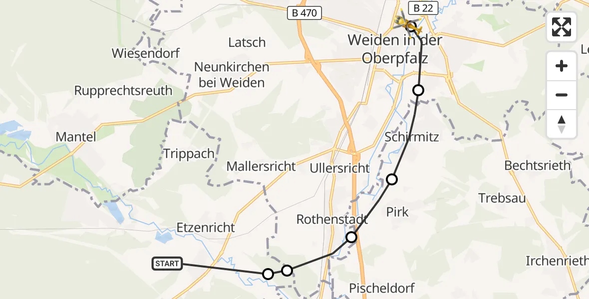 Flugroute Ambulanzhubschrauber Weiherhammer - Weiden Hospital, 02 September 2026, 14:55