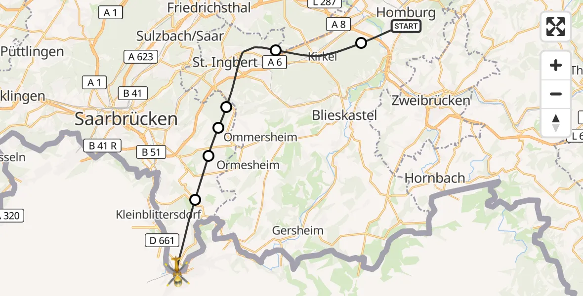Flugroute Rettungshubschrauber Homburg - Kleinblittersdorf, 02 September 2026, 14:58