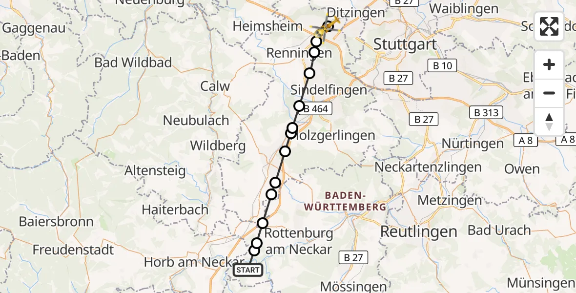 Flugroute Rettungshubschrauber Starzach - Leonberg Hospital, 02 September 2026, 15:14