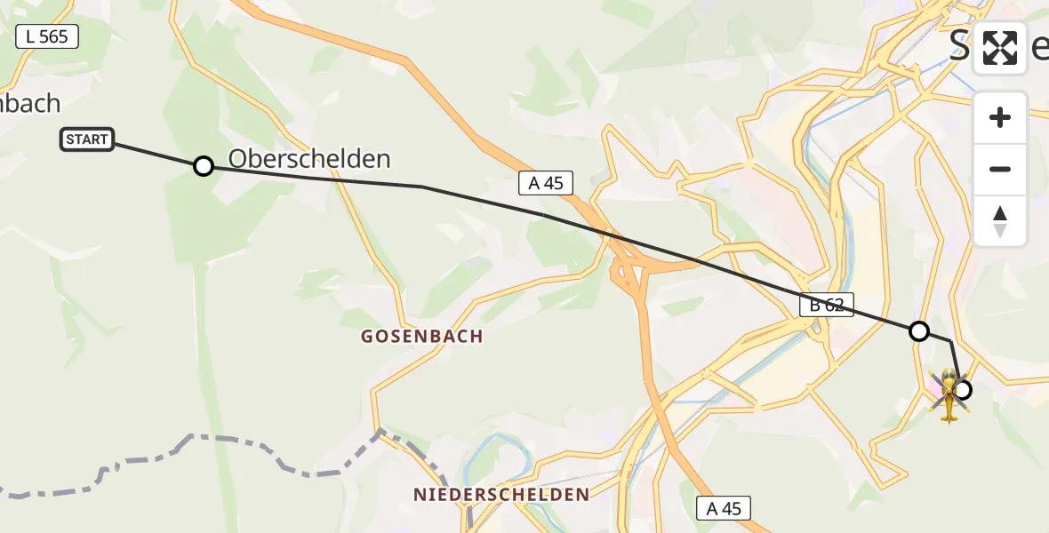 Flugroute Rettungshubschrauber Freudenberg - Evangelisches Jung-Stilling Hospital, 02 September 2026, 15:14