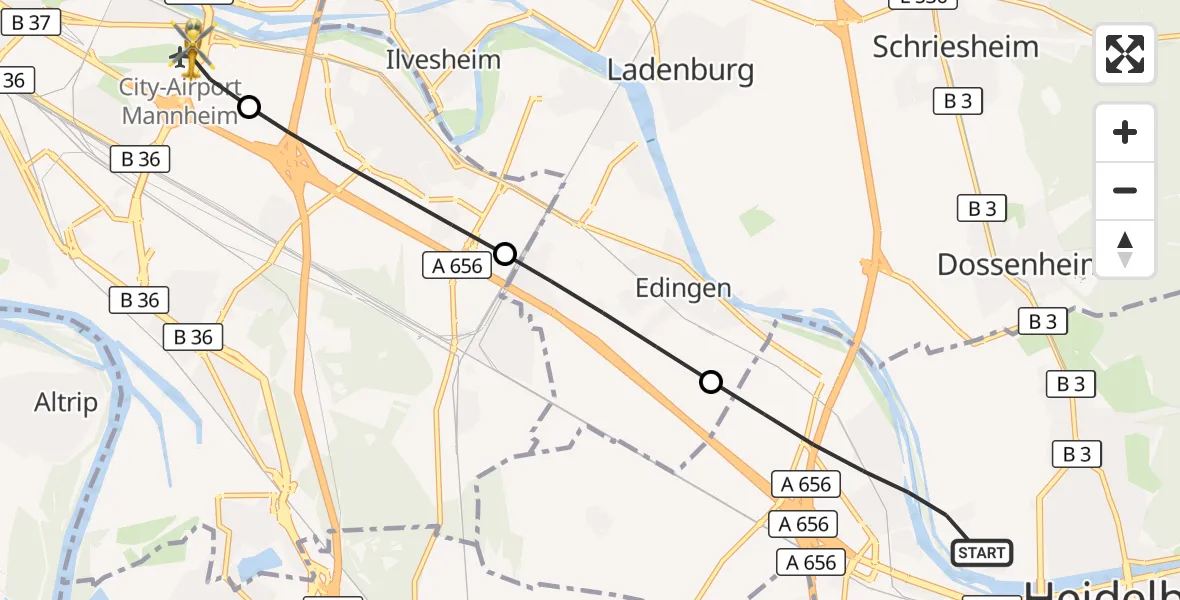 Flugroute Rettungshubschrauber Heidelberg - Mannheim-City Flughafen, 02 September 2026, 15:23