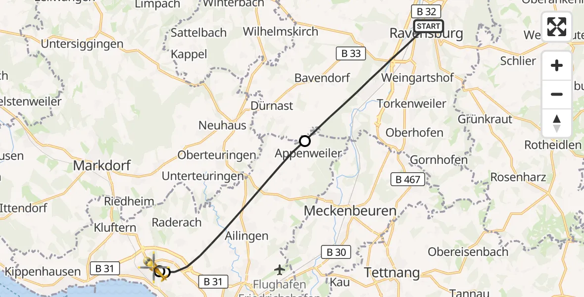 Flugroute Rettungshubschrauber Ravensburg - Friedrichshafen Hospital, 02 September 2026, 15:57