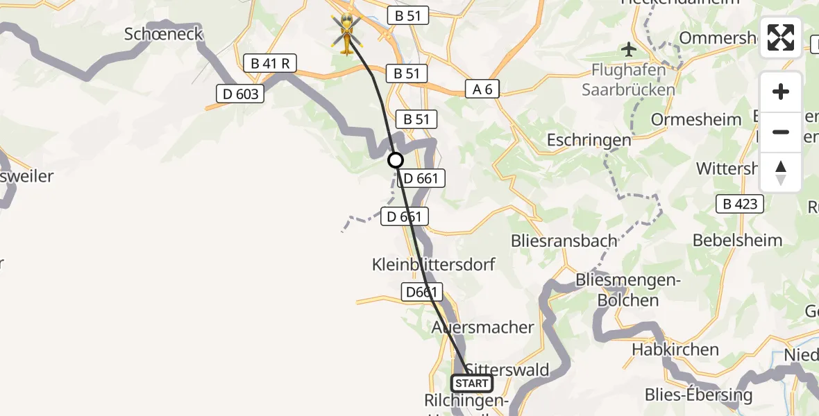 Flugroute Rettungshubschrauber Kleinblittersdorf - Saarbrücken, 02 September 2026, 15:58