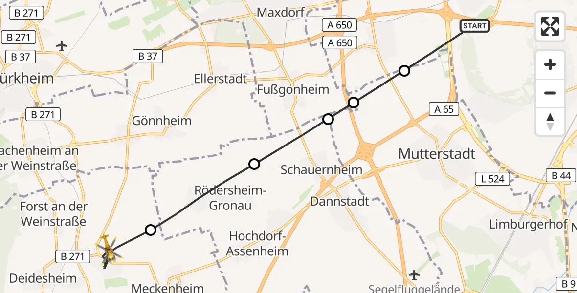 Flugroute Rettungshubschrauber Ludwigshafen am Rhein - Niederkirchen bei Deidesheim, 02 September 2026, 16:00