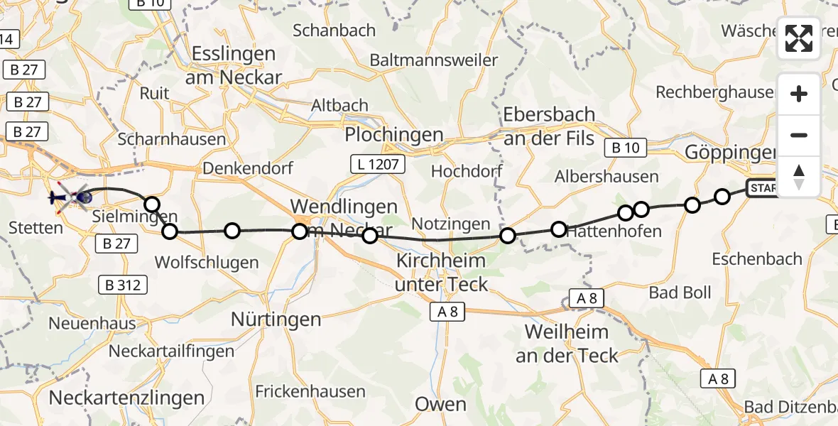 Flugroute Polizeihubschrauber Göppingen - Flughafen Stuttgart, 02 September 2026, 16:12