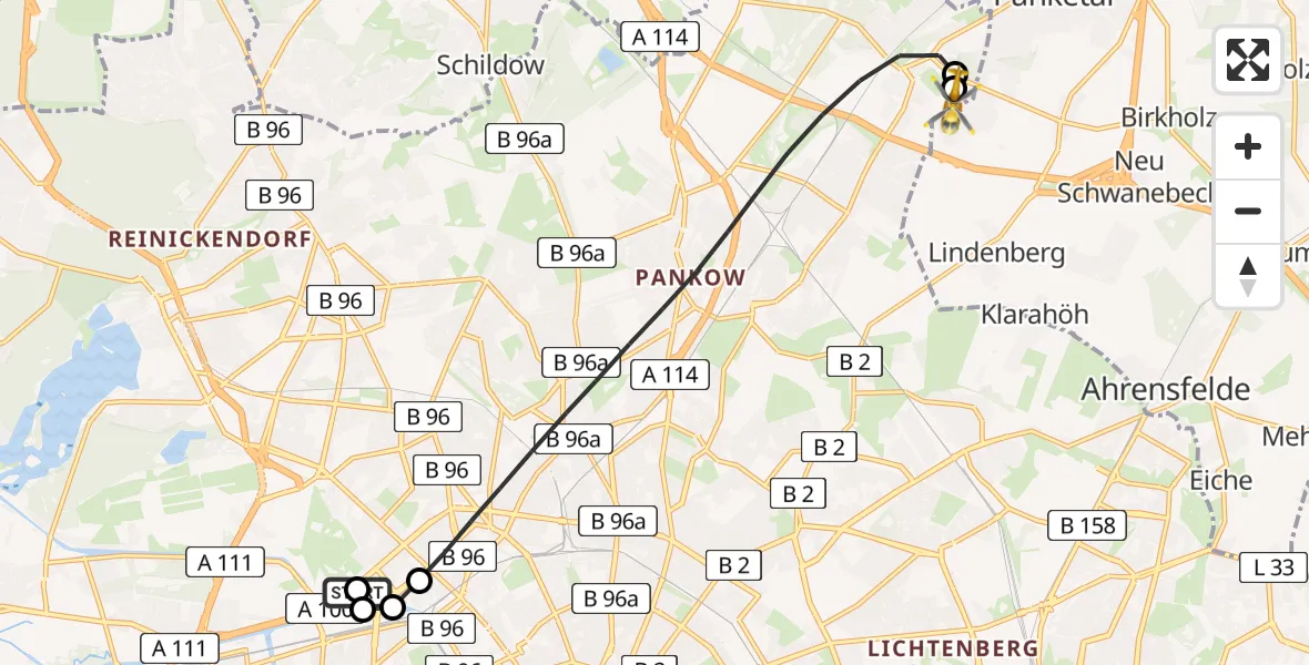 Flugroute Rettungshubschrauber Charité Clinic Virchow Campus - Helios Clinic Berlin-Buch, 02 September 2026, 16:13