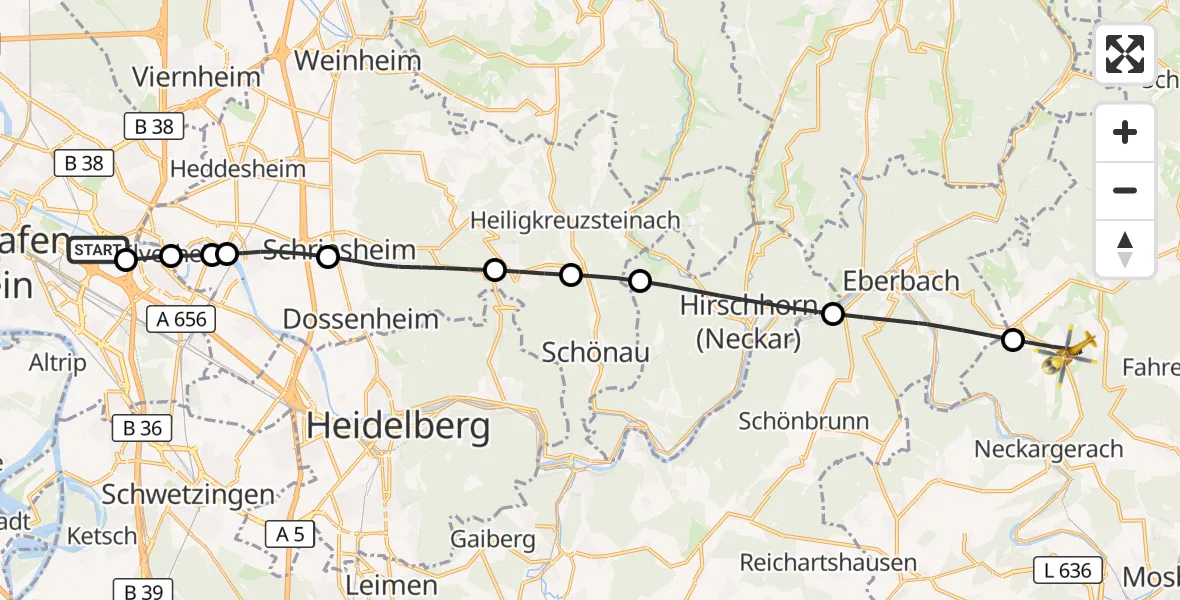 Flugroute Rettungshubschrauber Mannheim-City Flughafen - Waldbrunn, 02 September 2026, 16:32