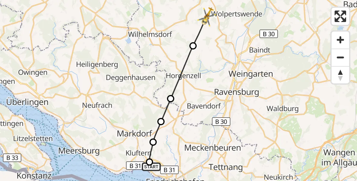 Flugroute Rettungshubschrauber Friedrichshafen Hospital - Fronreute, 02 September 2026, 17:02