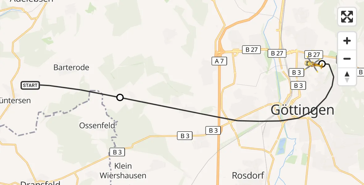 Flugroute Rettungshubschrauber Adelebsen - Göttingen University Clinic Hubschrauberlandeplatz, 02 September 2026, 17:22