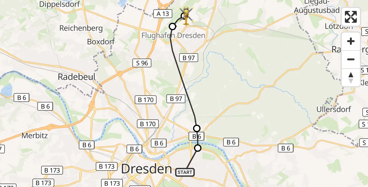 Flugroute Rettungshubschrauber Dresden - Dresden Bundespolizei Hubschrauberlandeplatz, 02 September 2026, 17:24