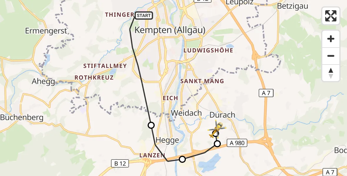 Flugroute Rettungshubschrauber Kempten (Allgäu) - Kempten-Durach Flugplatz, 02 September 2026, 17:27