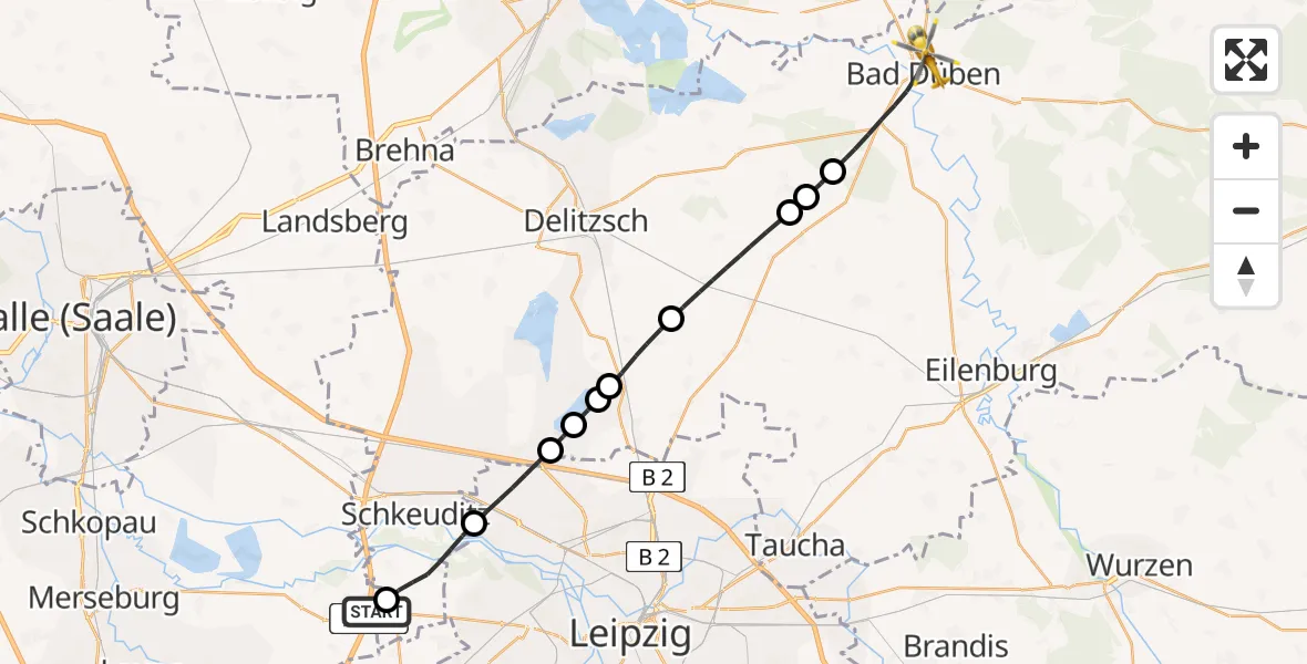 Flugroute Rettungshubschrauber ADAC Air Rescue Station Leipzig/Schkeuditz-Dölzig Hubschrauberlandeplatz (Christoph 61) - Bad Düben, 02 September 2026, 17:30