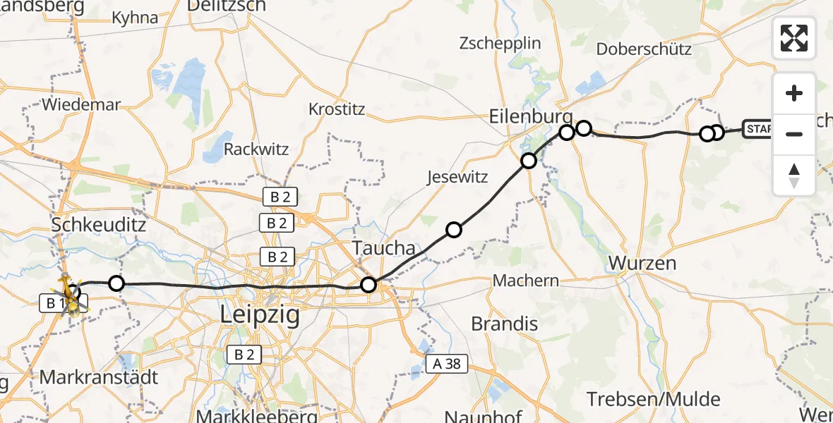 Flugroute Rettungshubschrauber Belgern-Schildau - ADAC Air Rescue Station Leipzig/Schkeuditz-Dölzig Hubschrauberlandeplatz (Christoph 61), 02 September 2026, 17:44