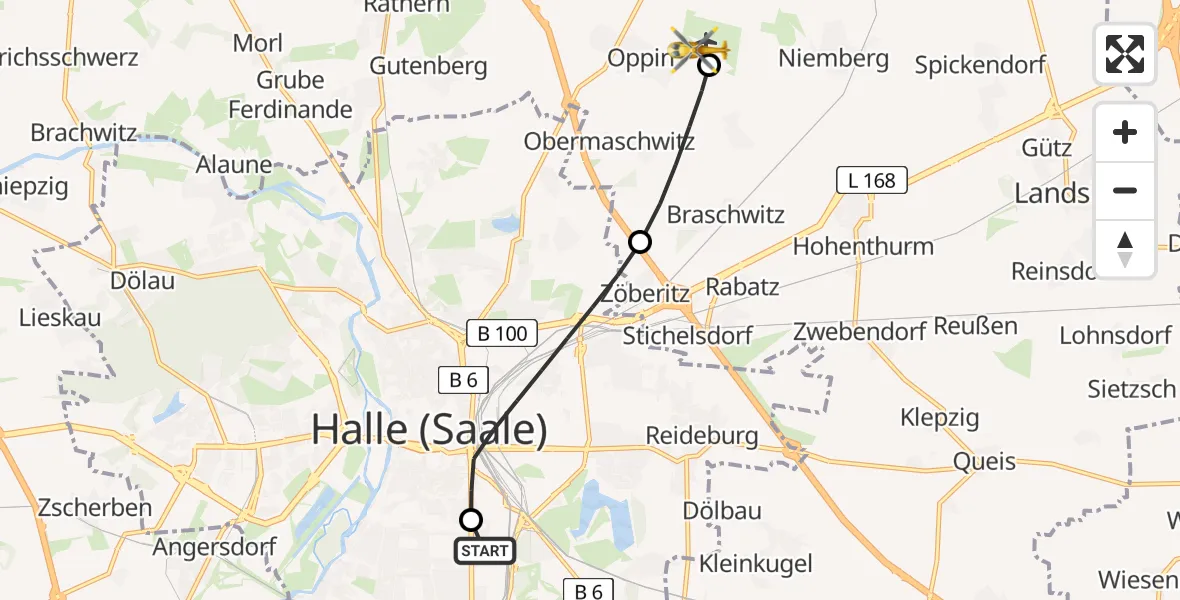 Flugroute Rettungshubschrauber BG Hospital Bergmannstrost Halle - Halle-Oppin Flugplatz, 02 September 2026, 17:54