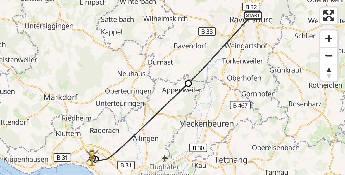 Flugroute Rettungshubschrauber Ravensburg - Friedrichshafen Hospital, 02 September 2026, 17:58