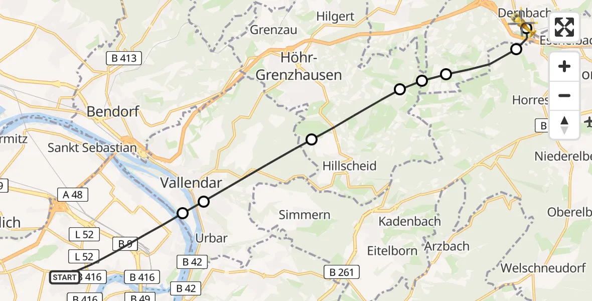 Flugroute Rettungshubschrauber Koblenz - Dernbach Sacred Heart Hospital, 02 September 2026, 18:00