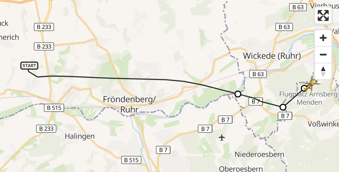 Flugroute Rettungshubschrauber Fröndenberg/Ruhr - Arnsberg-Menden Flugplatz, 02 September 2026, 18:12