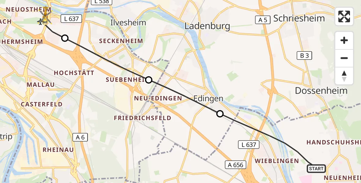 Flugroute Rettungshubschrauber Heidelberg - Mannheim-City Flughafen, 02 September 2026, 18:13