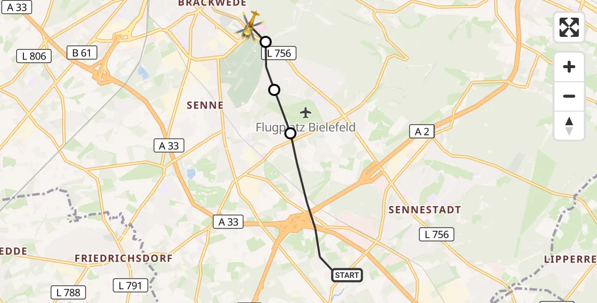 Flugroute Rettungshubschrauber Bielefeld - Luftrettungszentrum Bielefeld, 02 September 2026, 18:17
