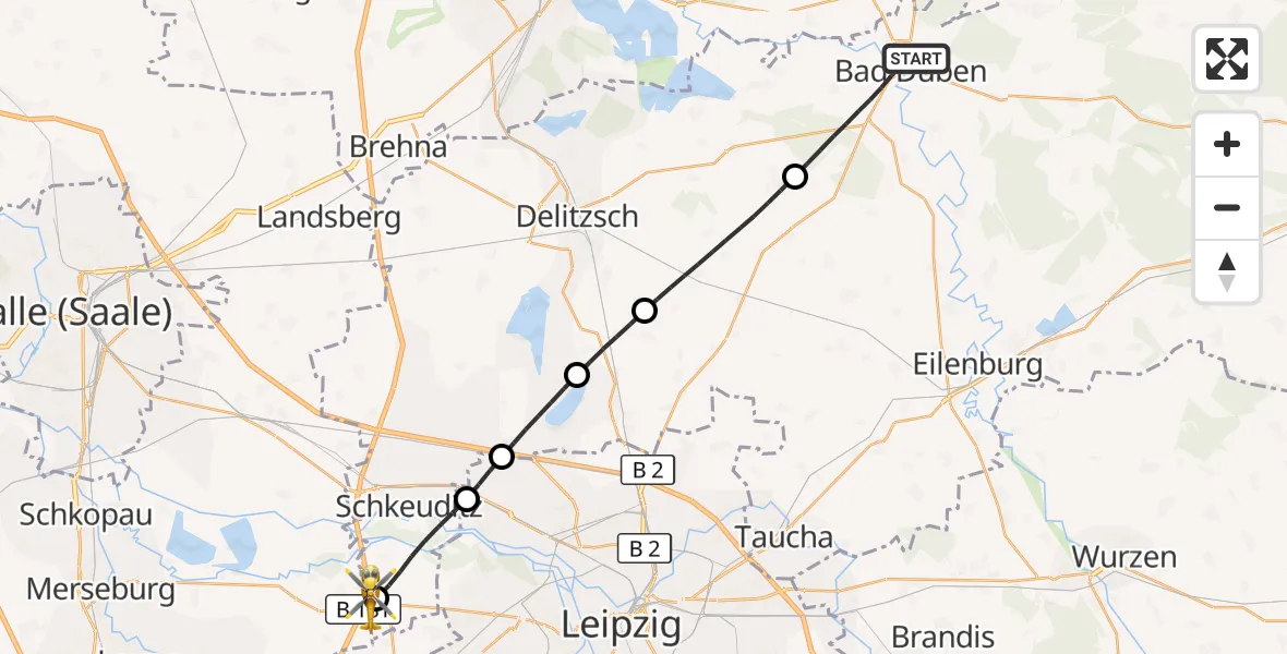 Flugroute Rettungshubschrauber Bad Düben - ADAC Air Rescue Station Leipzig/Schkeuditz-Dölzig Hubschrauberlandeplatz (Christoph 61), 02 September 2026, 18:18