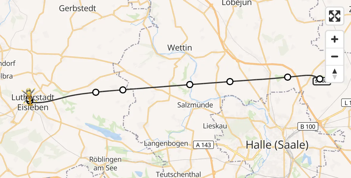 Flugroute Rettungshubschrauber Halle-Oppin Flugplatz - Helios Hospital Lutherstadt Eisleben, 02 September 2026, 18:31