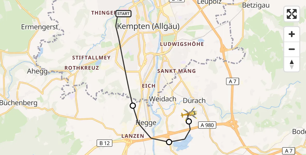 Flugroute Rettungshubschrauber Kempten (Allgäu) - Kempten-Durach Flugplatz, 02 September 2026, 18:41