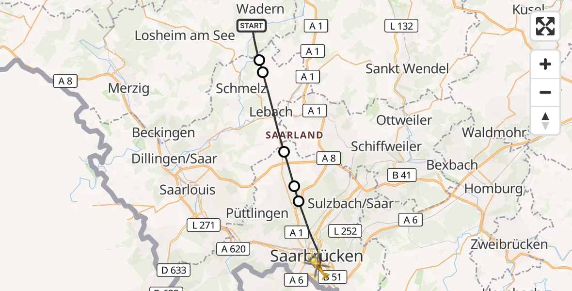 Flugroute Rettungshubschrauber Wadern - Saarbrücken, 02 September 2026, 18:42