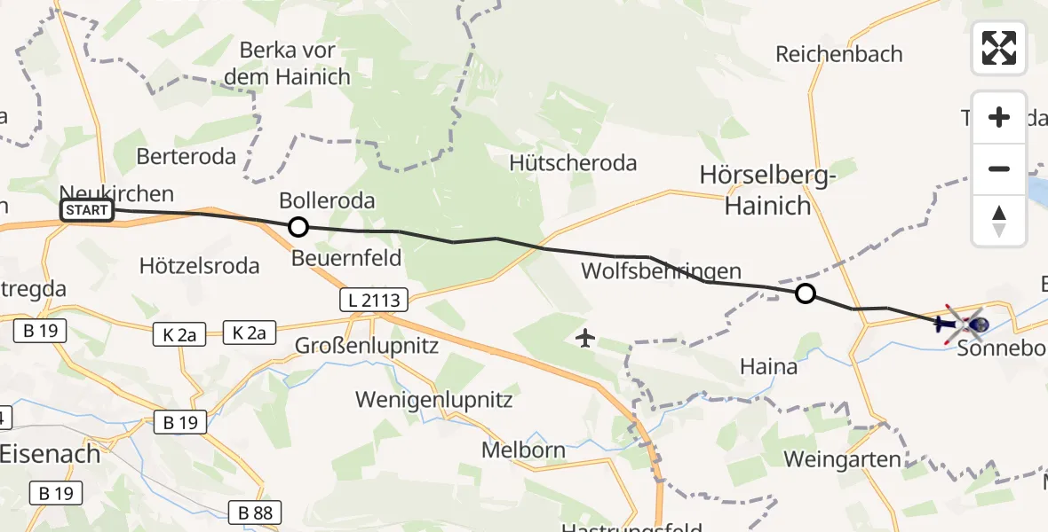 Flugroute Polizeihubschrauber Eisenach - Nessetal, 02 September 2026, 19:42