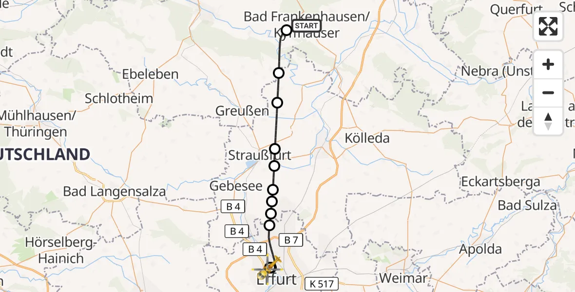 Flugroute Ambulanzhubschrauber Bad Frankenhausen/Kyffhäuser - Helios Clinic Erfurt, 02 September 2026, 19:42
