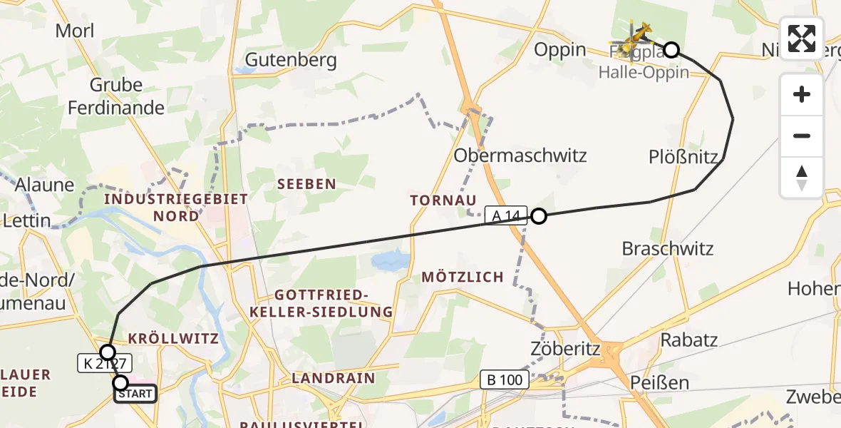 Flugroute Rettungshubschrauber Halle (Saale) University Hospital - Halle-Oppin Flugplatz, 02 September 2026, 19:54