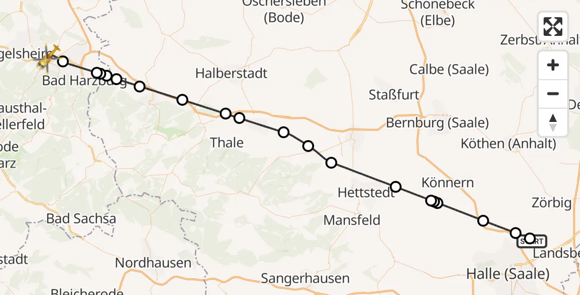 Flugroute Rettungshubschrauber Halle-Oppin Flugplatz - Goslar, 02 September 2026, 21:02