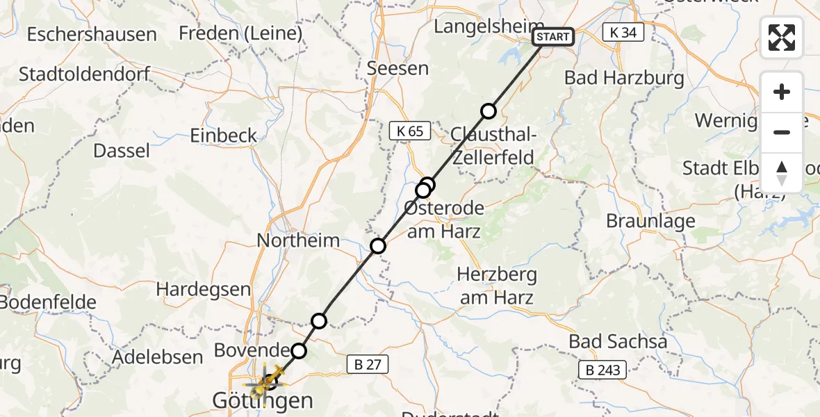 Flugroute Rettungshubschrauber Goslar - Göttingen University Clinic Hubschrauberlandeplatz, 02 September 2026, 22:10