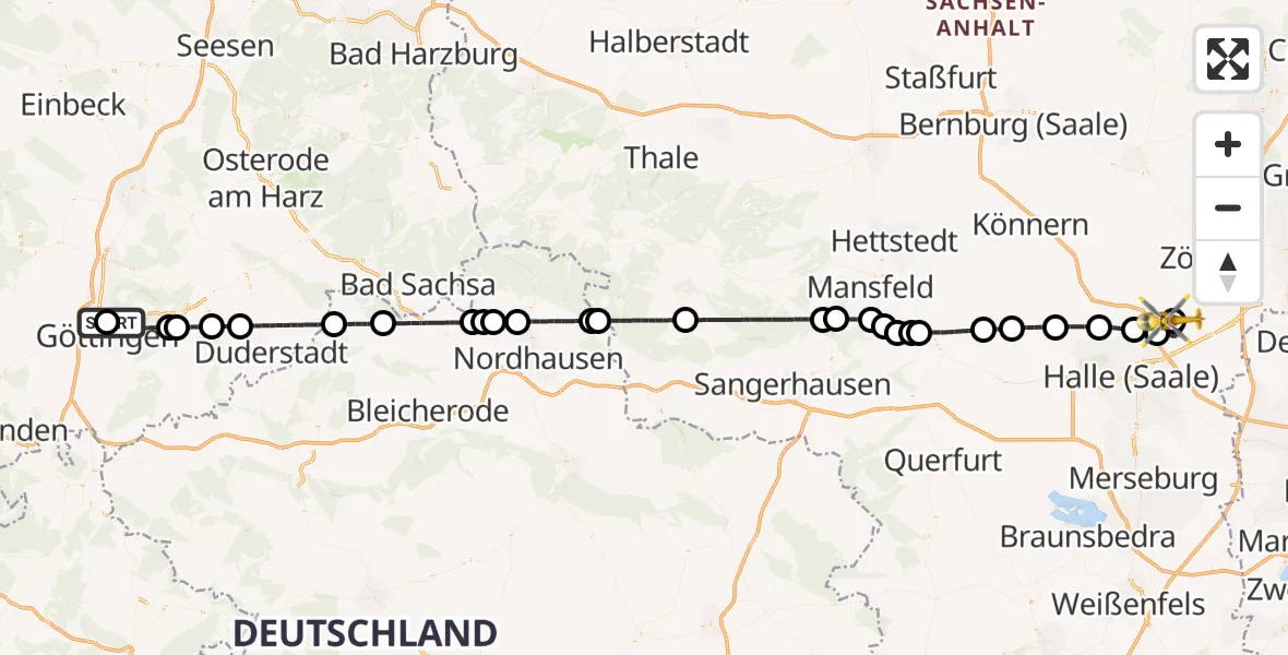 Flugroute Rettungshubschrauber Göttingen University Clinic Hubschrauberlandeplatz - Halle-Oppin Flugplatz, 02 September 2026, 23:00