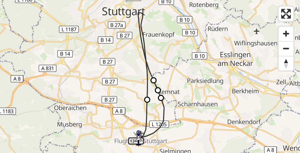 Flugroute Polizeihubschrauber Flughafen Stuttgart - Flughafen Stuttgart, 02 September 2026, 23:39