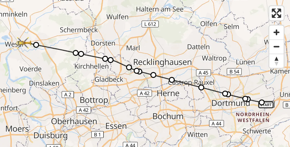 Flugroute Rettungshubschrauber Dortmund Flughafen - Wesel, 03 September 2026, 02:16