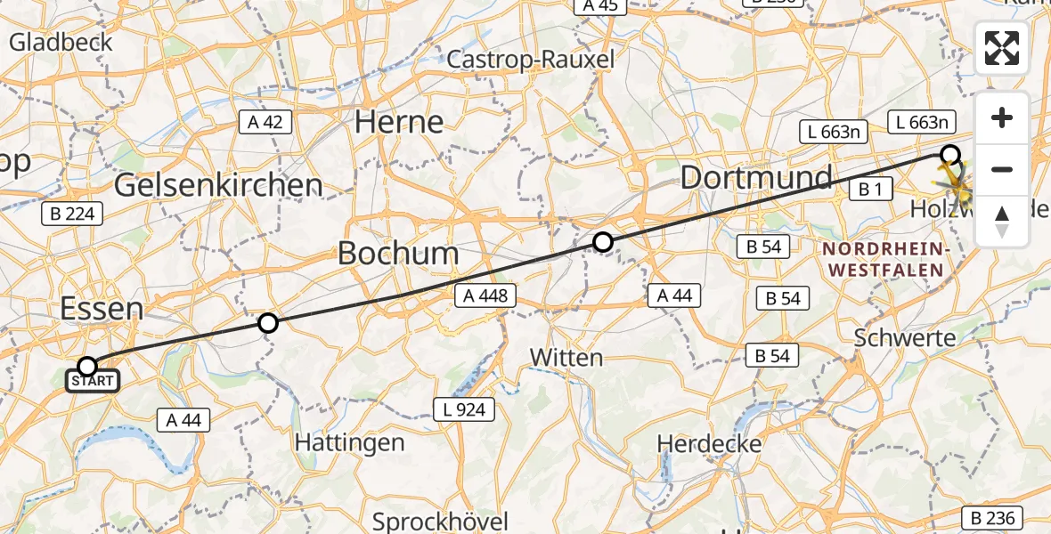 Flugroute Rettungshubschrauber Alfried Krupp Hospital - Dortmund Flughafen, 03 September 2026, 04:12
