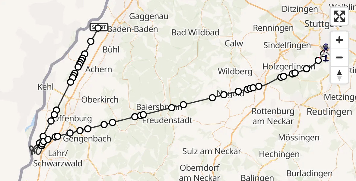 Flugroute Polizeihubschrauber Karlsruhe Baden-Baden Flughafen - Flughafen Stuttgart, 03 September 2026, 04:23