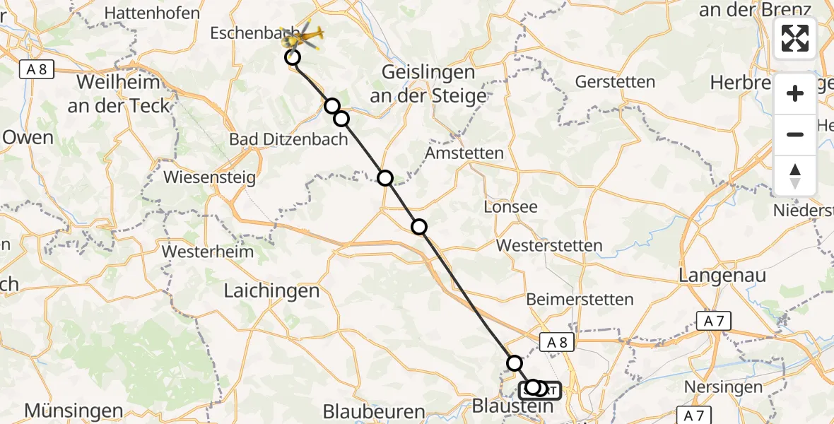 Flugroute Rettungshubschrauber Ulm Military Hospital Emergency - Schlat, 03 September 2026, 05:08