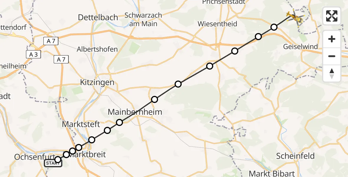 Flugroute Rettungshubschrauber Ochsenfurt Hospital - Geiselwind, 03 September 2026, 05:08