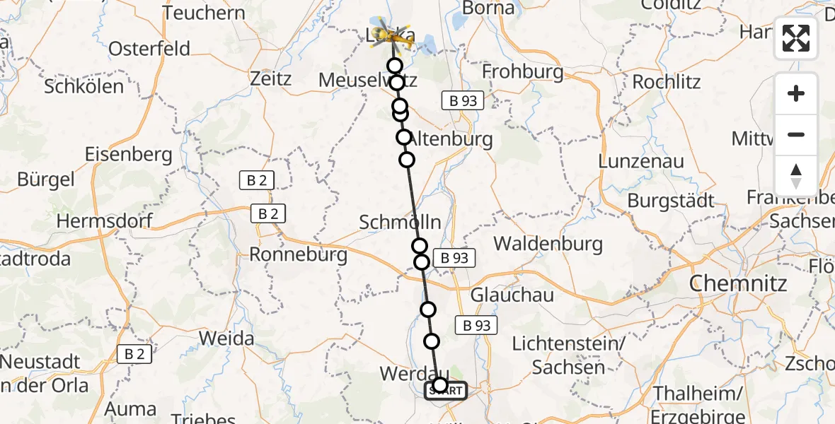 Flugroute Rettungshubschrauber ADAC Air Rescue Station Zwickau Hubschrauberlandeplatz - Lucka, 03 September 2026, 05:11