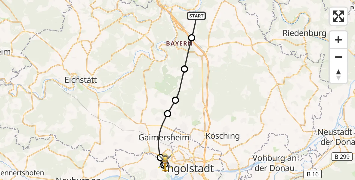 Flugroute Rettungshubschrauber Kipfenberg - Ingolstadt Hospital, 03 September 2026, 05:40