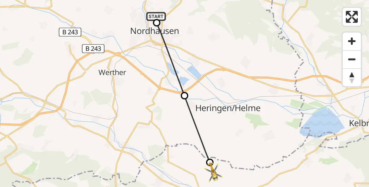 Flugroute Rettungshubschrauber Südharz Hospital Nordhausen - Sondershausen, 03 September 2026, 05:47