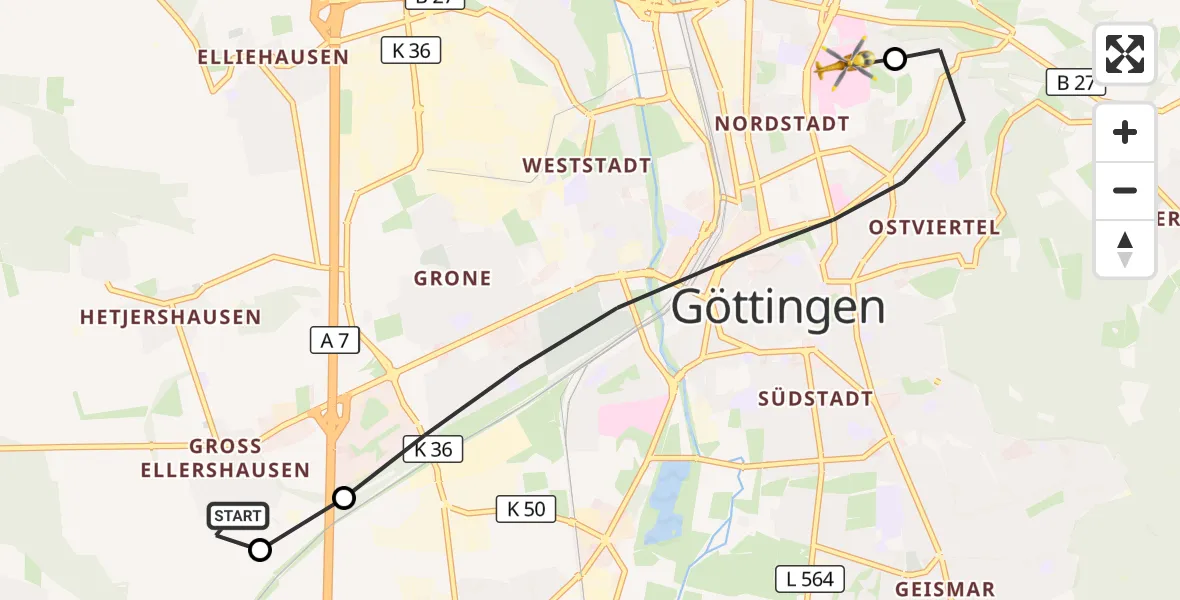 Flugroute Rettungshubschrauber Göttingen - Göttingen University Clinic Hubschrauberlandeplatz, 03 September 2026, 05:49