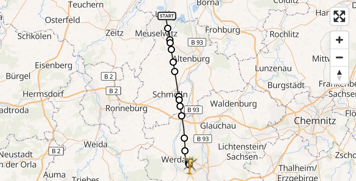 Flugroute Rettungshubschrauber Lucka - ADAC Air Rescue Station Zwickau Hubschrauberlandeplatz, 03 September 2026, 05:55